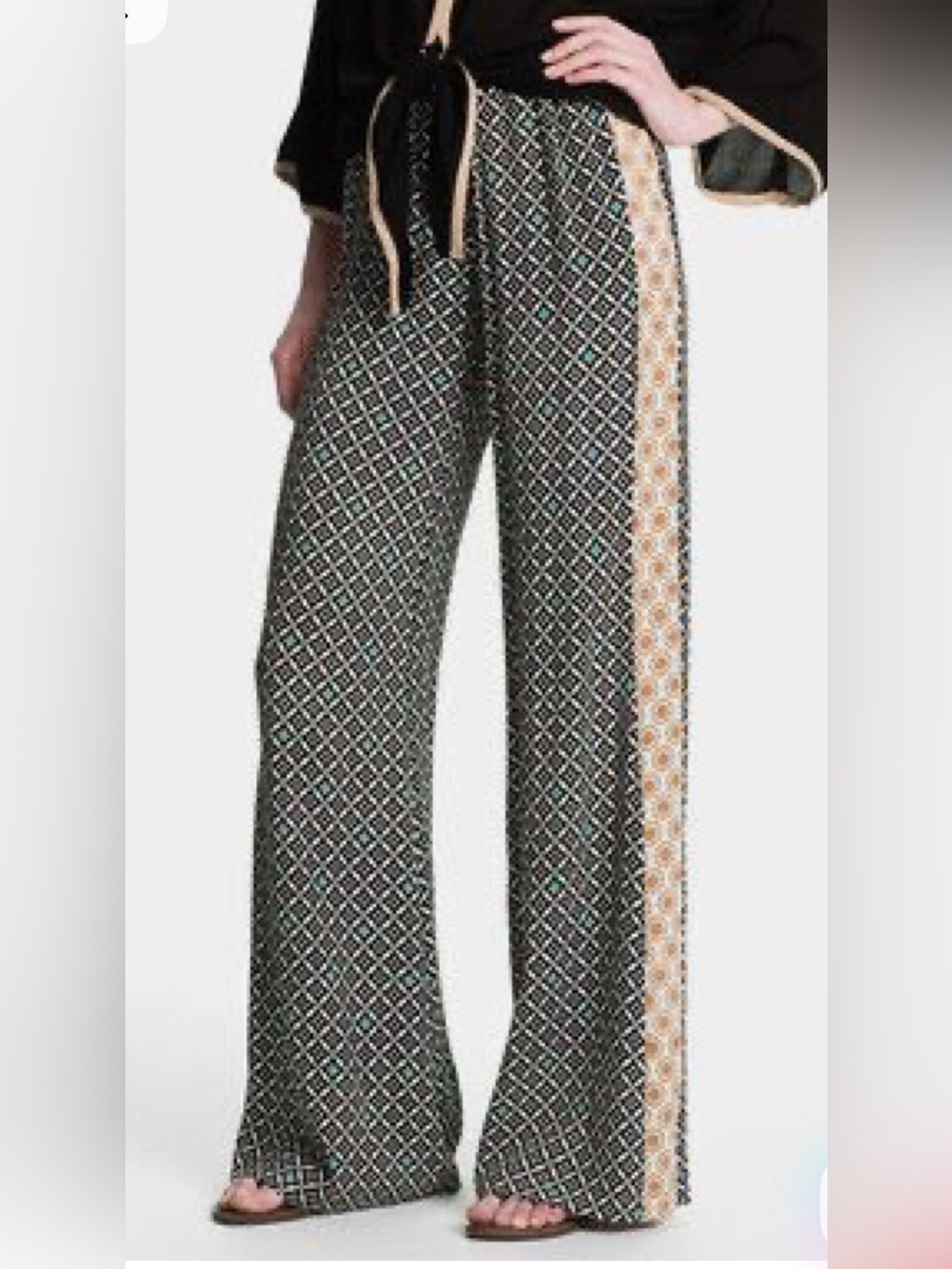 Ella Moss Black Geometric Wide Leg Pants with Tan Side Stripe